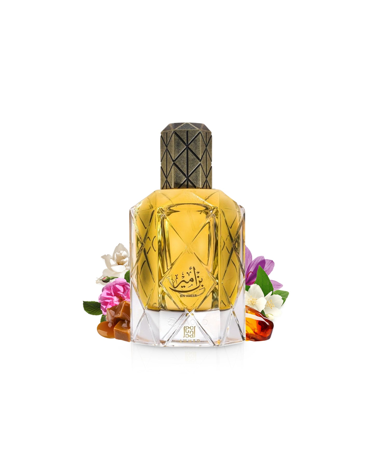 ahmed al maghribi bin ameer Perfume bottle with gold cap and geometric design surrounded by caramel and amber on a white background