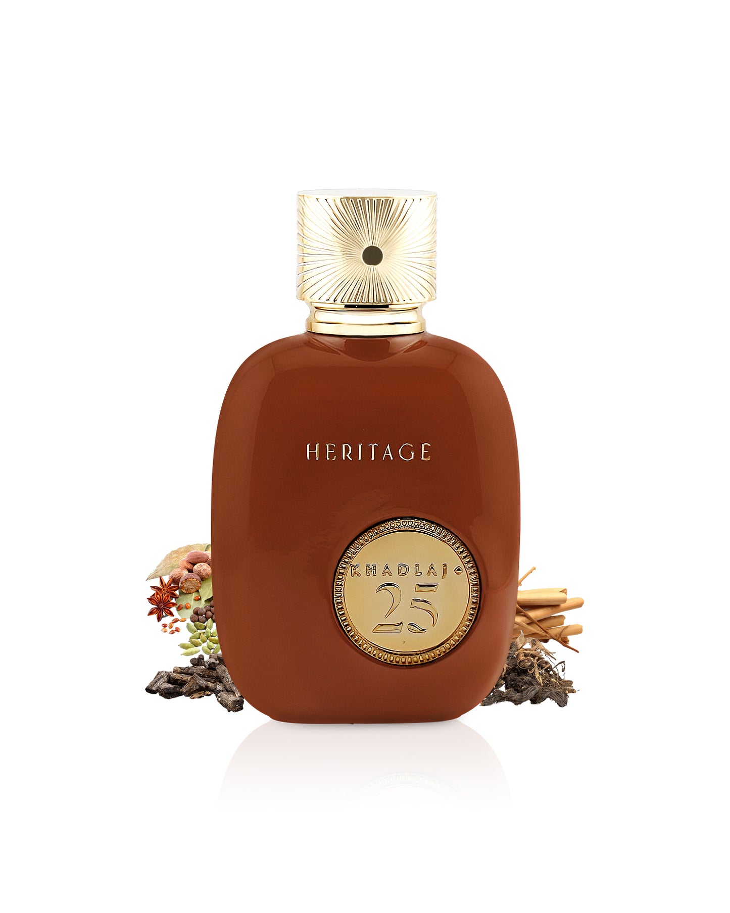 khadlaj 25 heritage perfume bottle surrounded with its ingredients like wods and spices shows from behind the bottle against white background