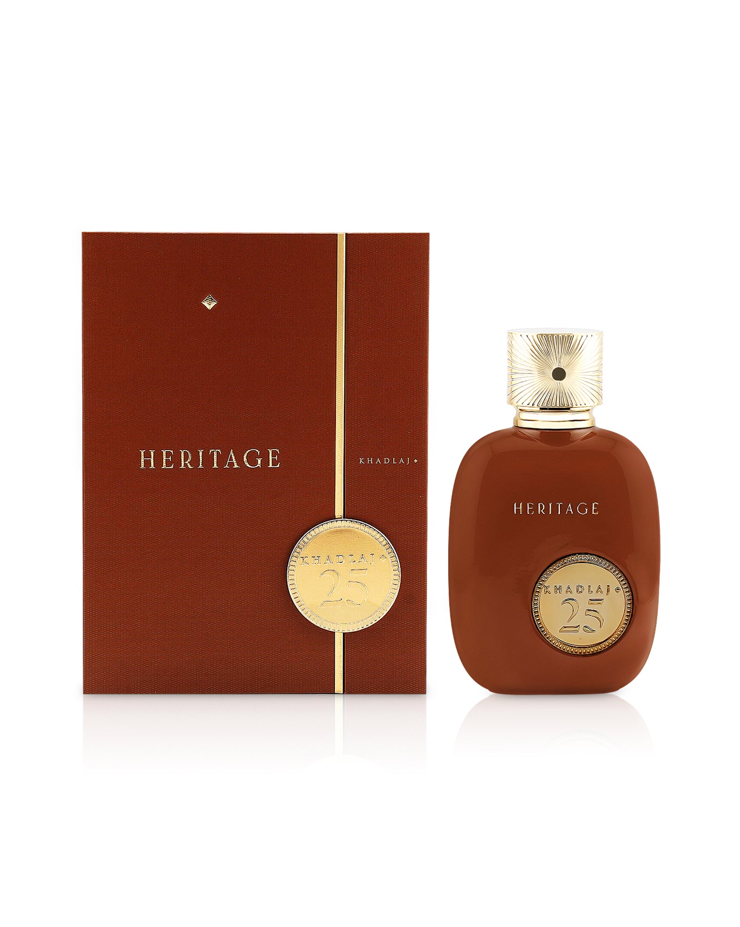 khadlaj 25 heritage perfume bottle shows beside its box against white background