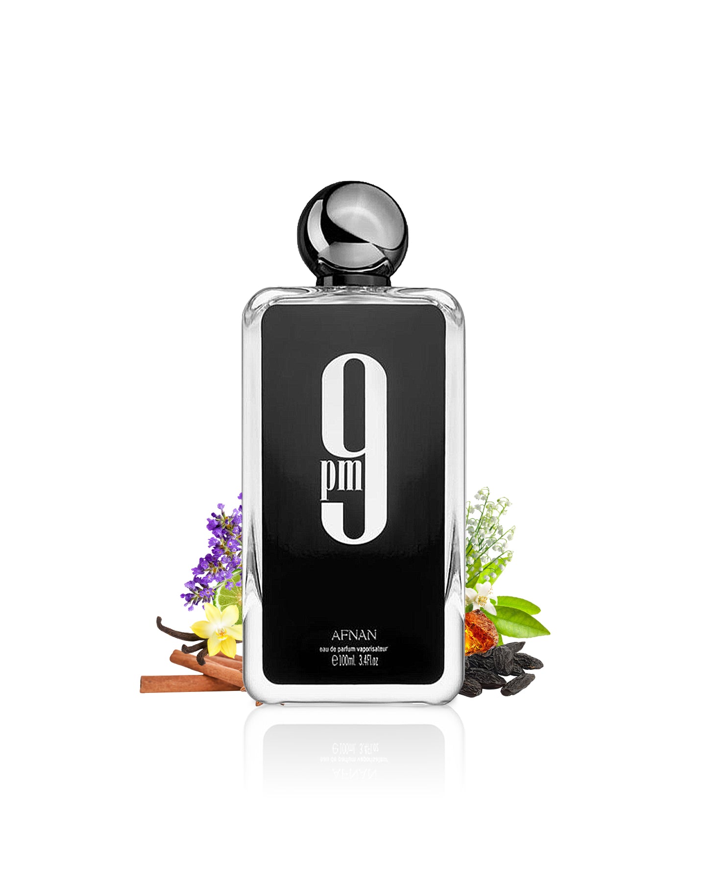 afnan 9pm perfume bottle surrounded with its ingredients like vanilla and tonka bean with many others shows from behind the bottle against white background