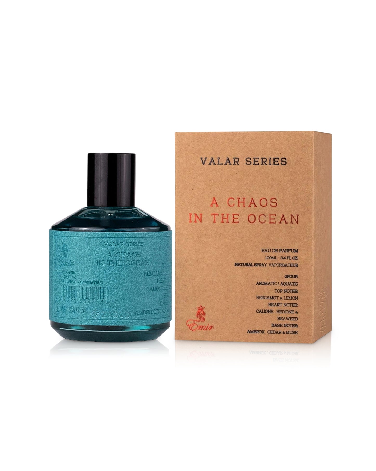 a chaos in the ocean perfume bottle shows beside its box against white background