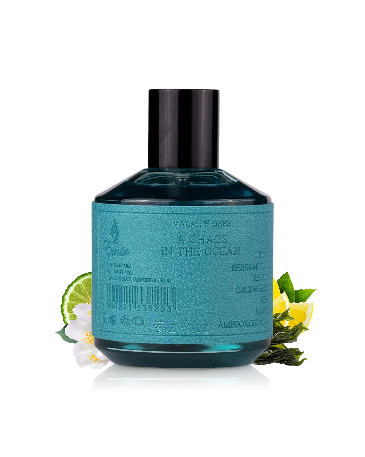 a chaos in the ocean perfume bottle surrounded with fragrance notes like citrus and seaweed shows against white background