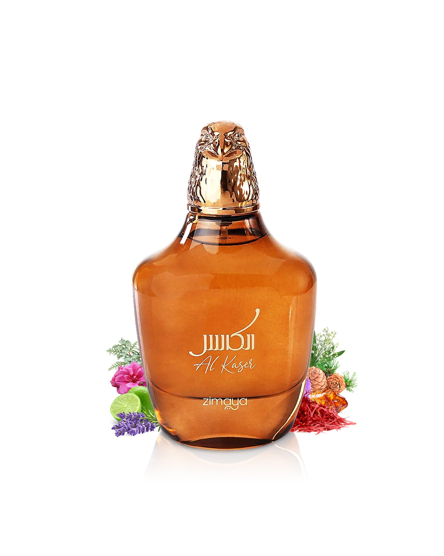ZIMAYA AL KASER PERFUME BOTTLE SURROUNDED WITH ITS INGREDIENTS LIKE SAFFRON AND LAVENDER WITH MANY OTHERS LIKE CITRUSES SHOWS FROM BEHIND THE BOTTLE AGAINST WHITE BACKGROUND