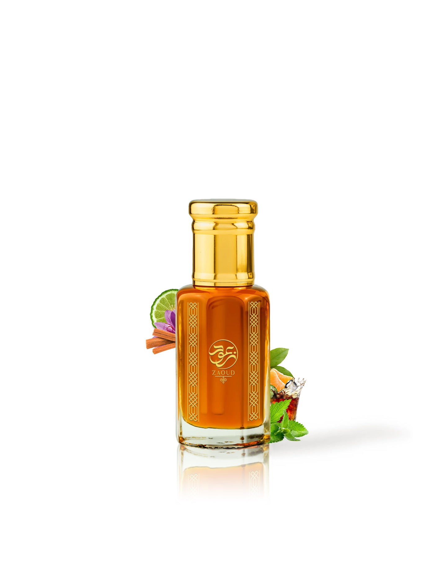 Amber mirage Perfume oil bottle bottle with gold cap surrounded by amber and saffron on a white background