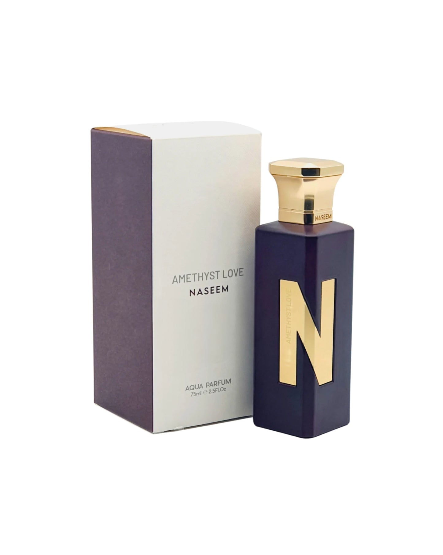 AMETHYST LOVE aqua parfum bottle and its box against white background