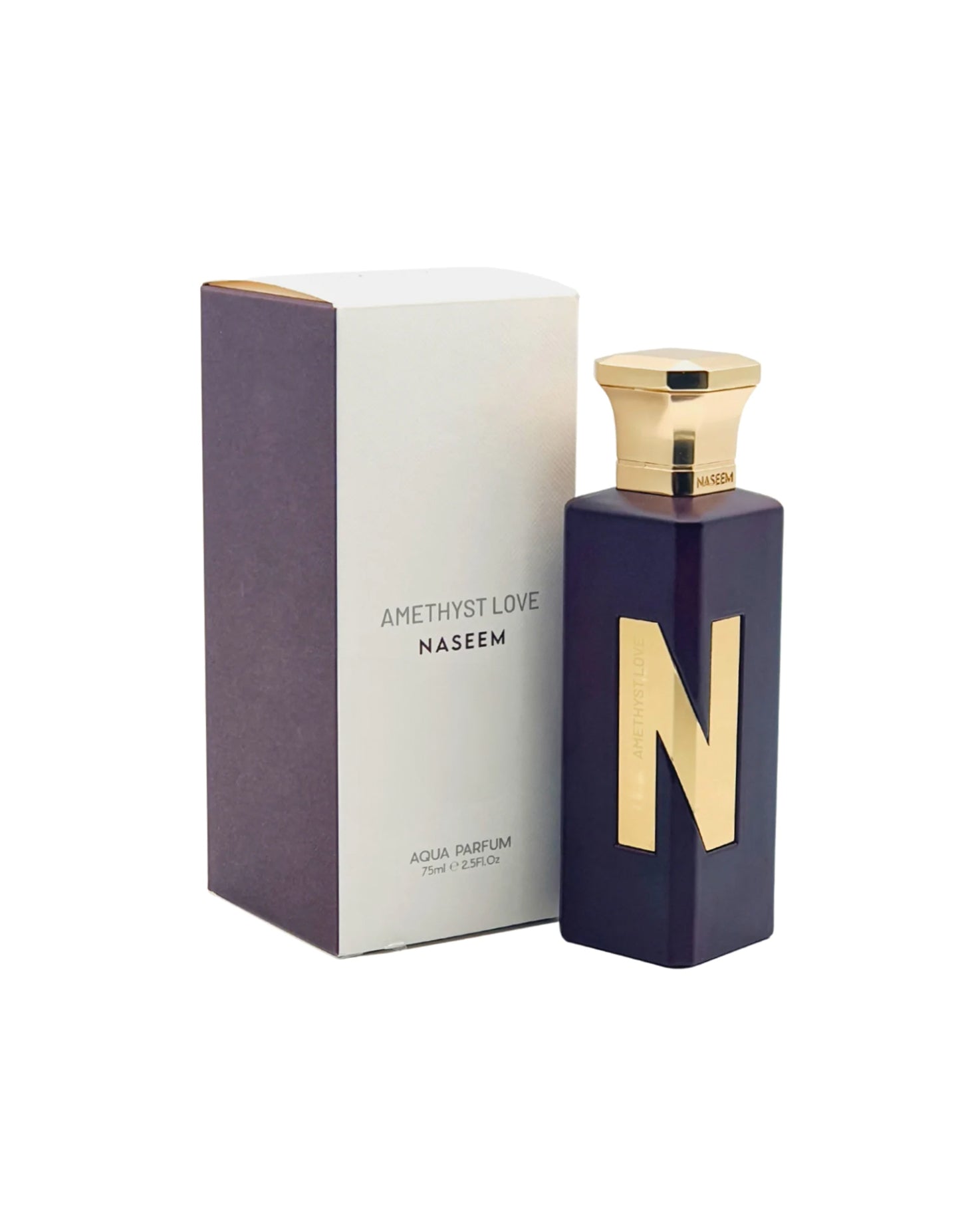 AMETHYST LOVE aqua parfum bottle and its box against white background