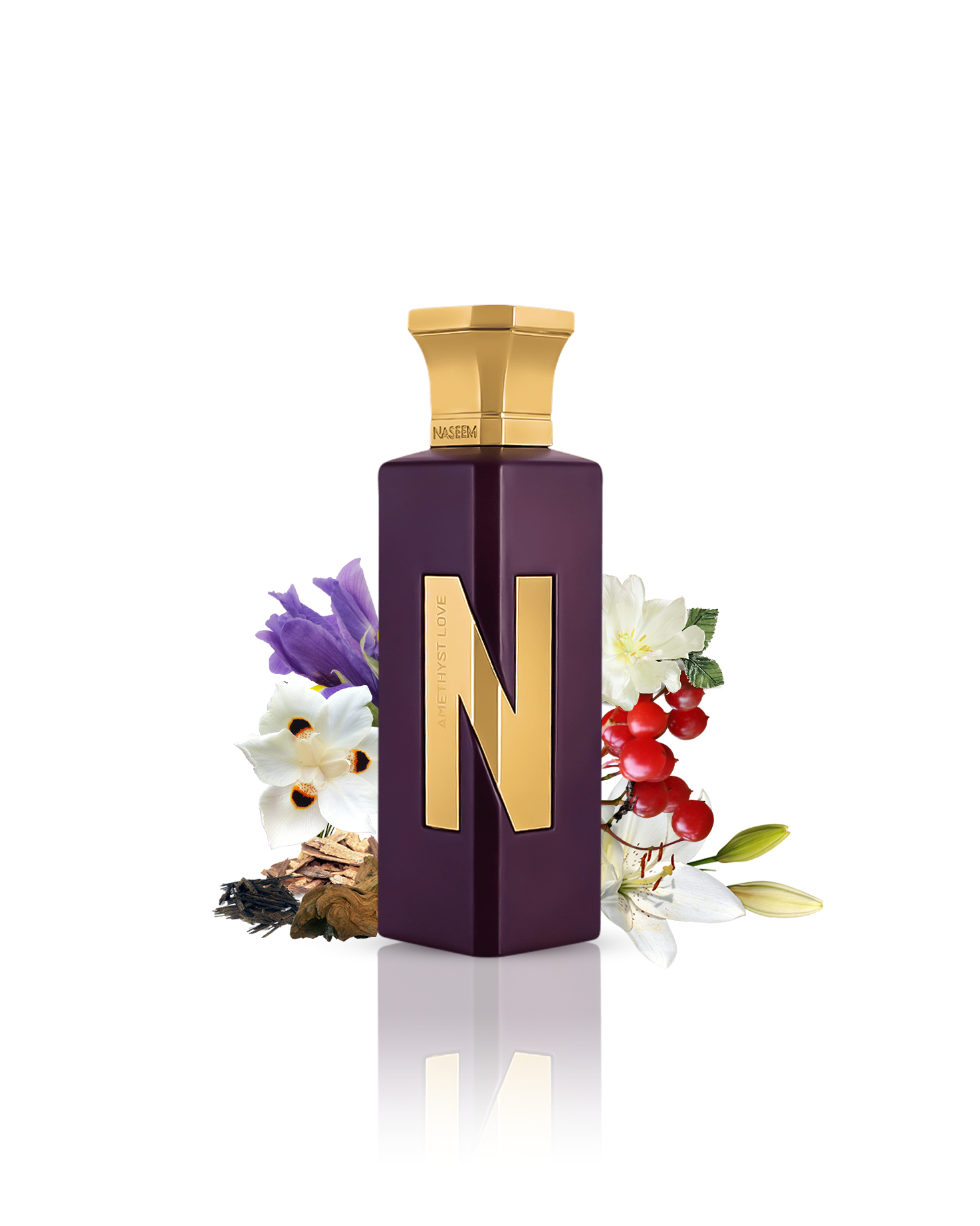 AMETHYST LOVE aqua parfum bottle surrouded by iris neroli oud against white background