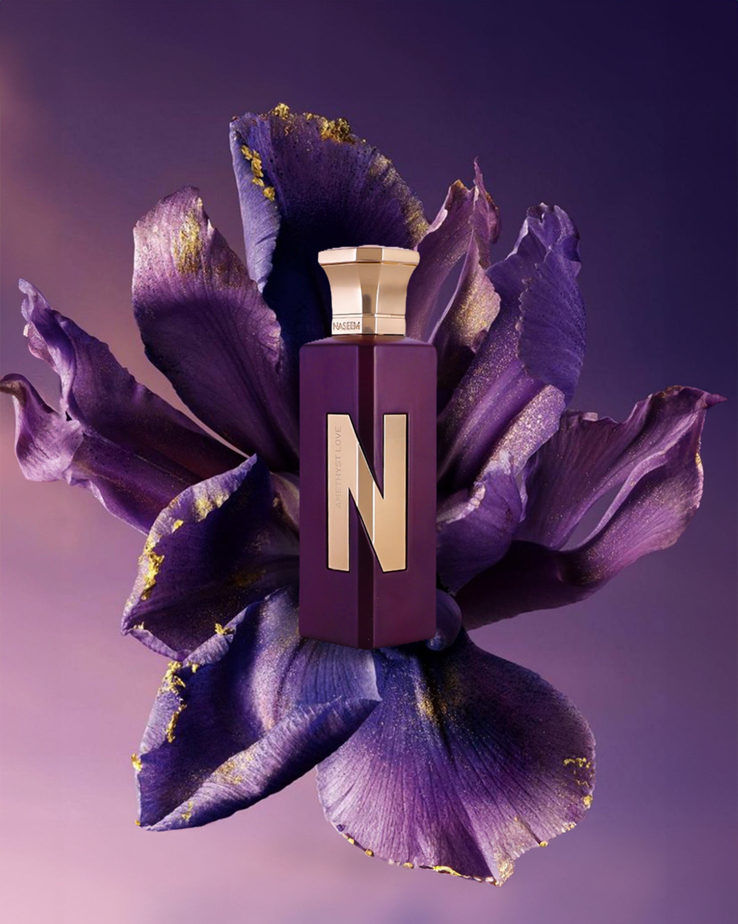 AMETHYST LOVE aqua parfum bottle surrounded by violet flower leaves against violet background