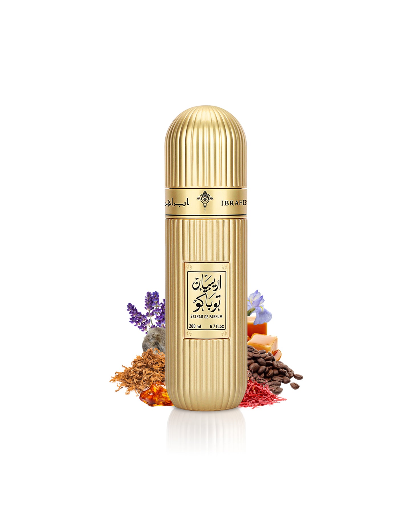 Ibrahim Al Qurashi Arabian Tobacco extrait de parfum bottle surrounded with fragrance notes like ambe and coffee shows from behind the bottle against white background