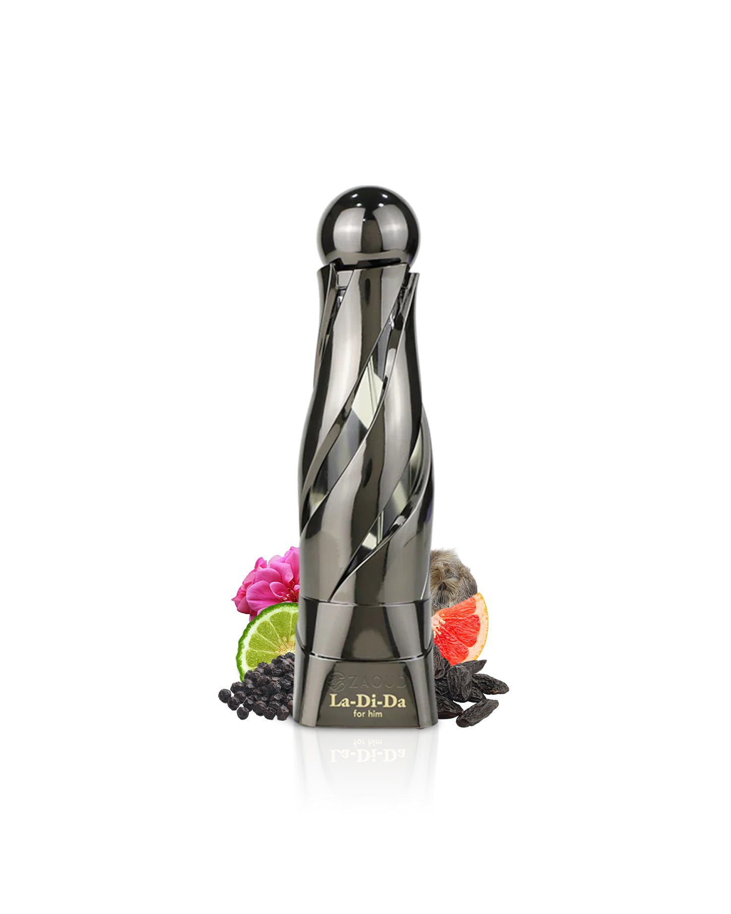 ARABIYAT PRESTIGE LA DI DA FOR HIM Silver spiral bottle with decorative LIKE CITRUS AND PEPPER elements on a white background
