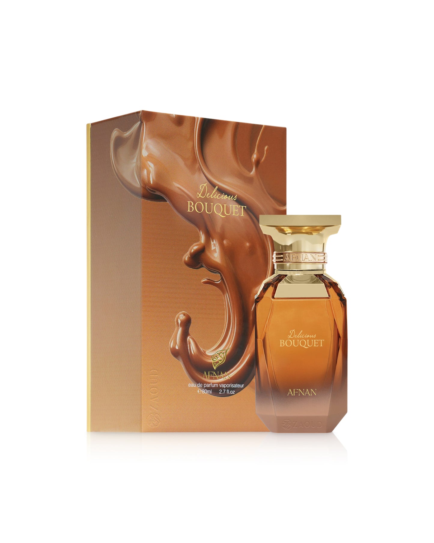 afnan delicious bouquet perfume bottle shows beside its box against white background