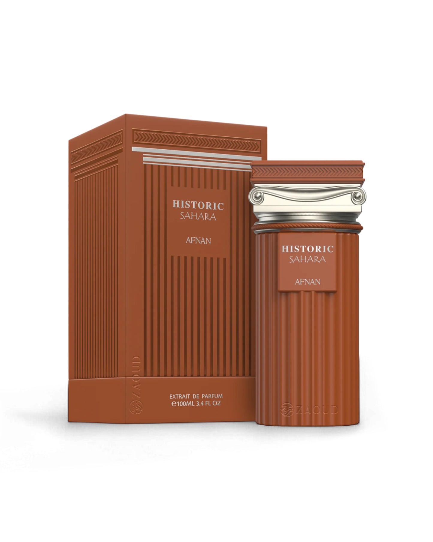 afnan historic sahara Brown perfume bottle and packaging with 'Historic Sahara' branding on a white background