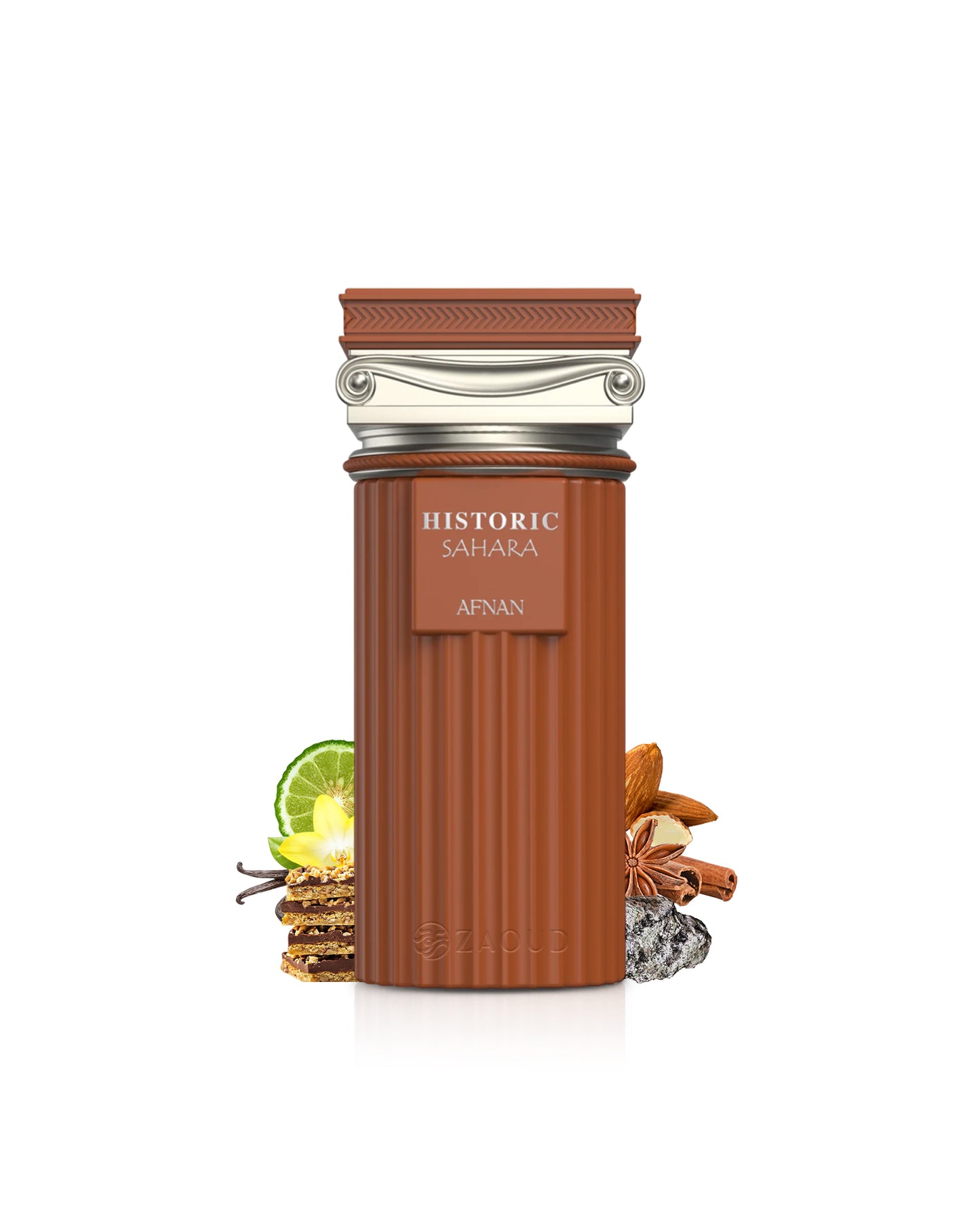 afnan historic sahara Brown shaving cream can with decorative elements like vanilla and ambergris on a white background
