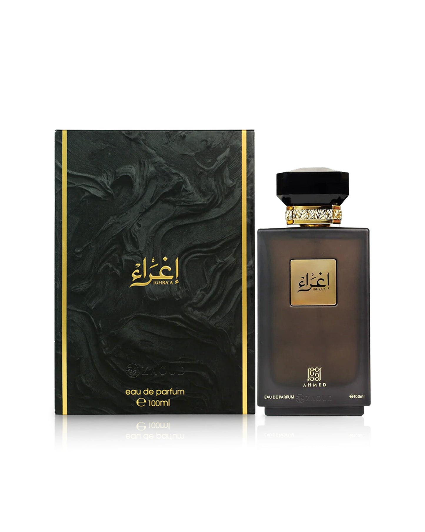 ahmed al maghribi ighraa Black and gold perfume bottle with packaging on a white background