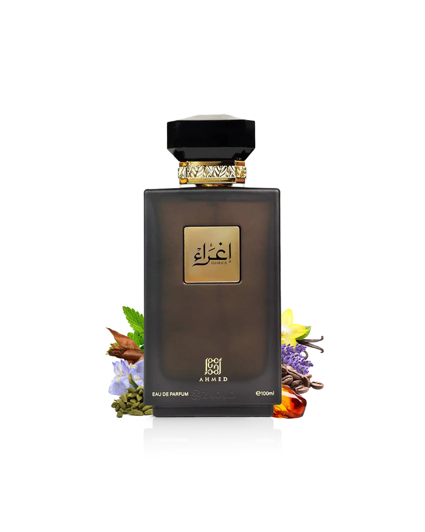 ahmed al maghribi ighraa Perfume bottle with decorative elements like cardamom and amber on a white background