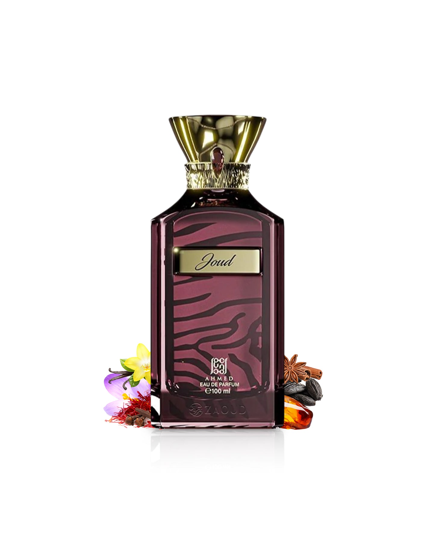 ahmed al maghribi joud Perfume bottle surrounded by fragrance notes like amber and saffron with gold cap and zebra pattern on a white background