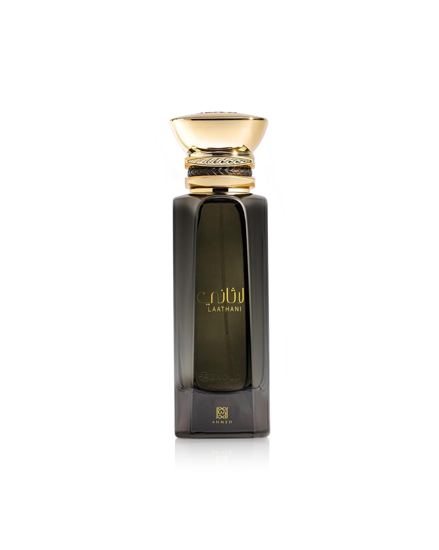 Ahmed al maghribi laathani Perfume bottle with gold cap and branding on a white background