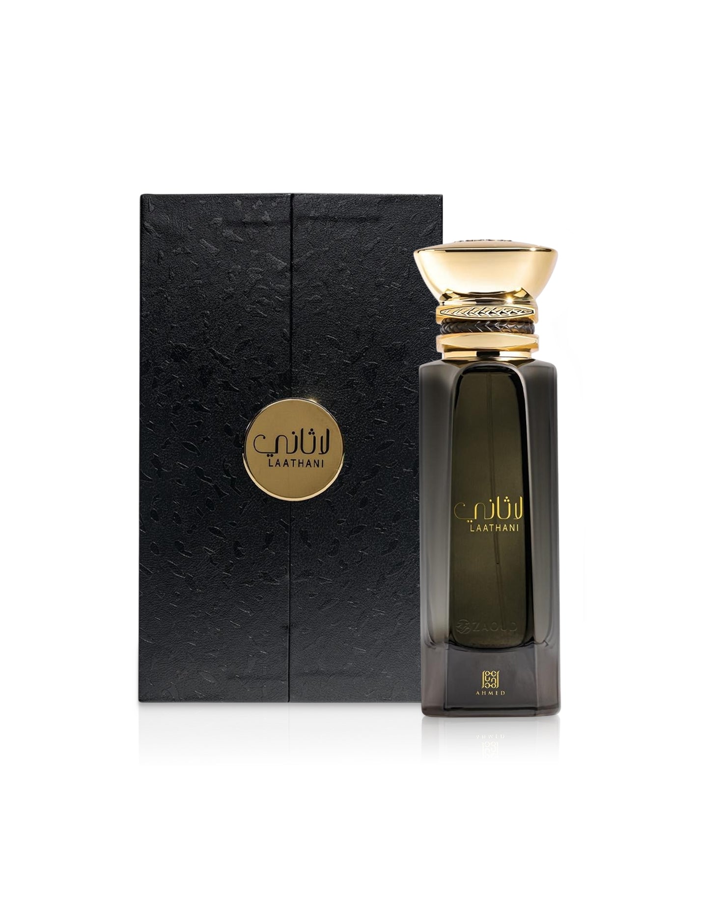 Ahmed al maghribi laathani Perfume bottle with gold cap and black packaging on a white background