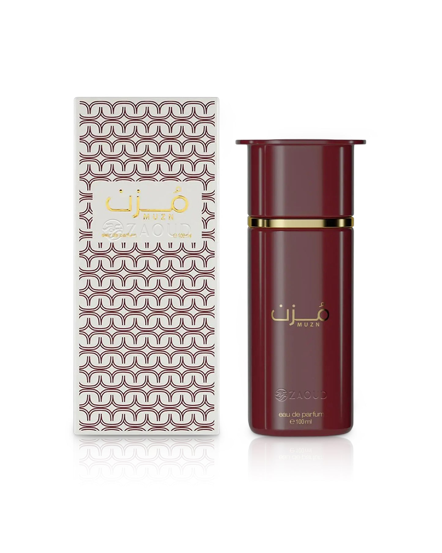 ahmed al maghribi muzn perfume bottle shows beside its packaging against white background