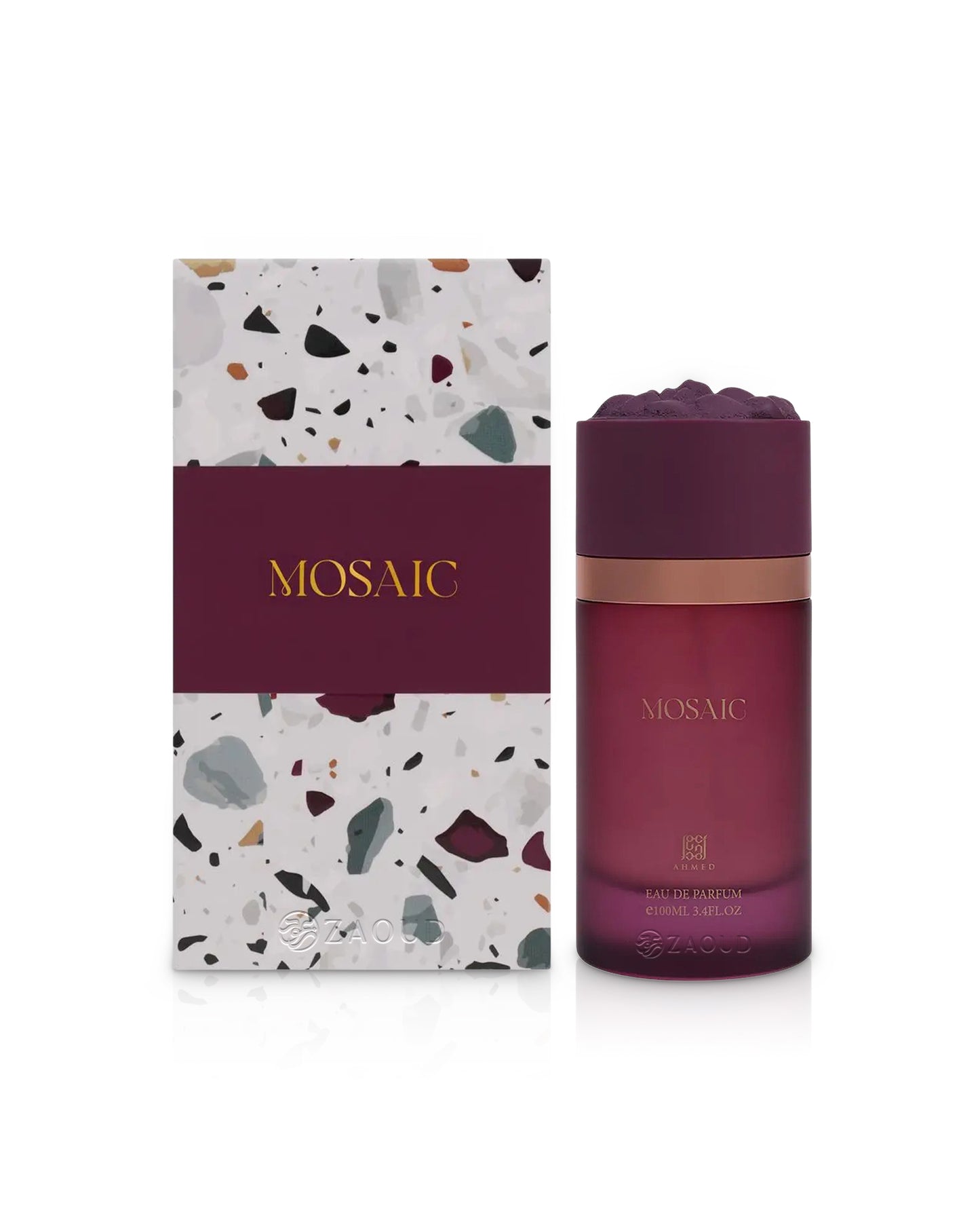 ahmed al maghribi mosaic perfume bottle shows beside its packaging against white background