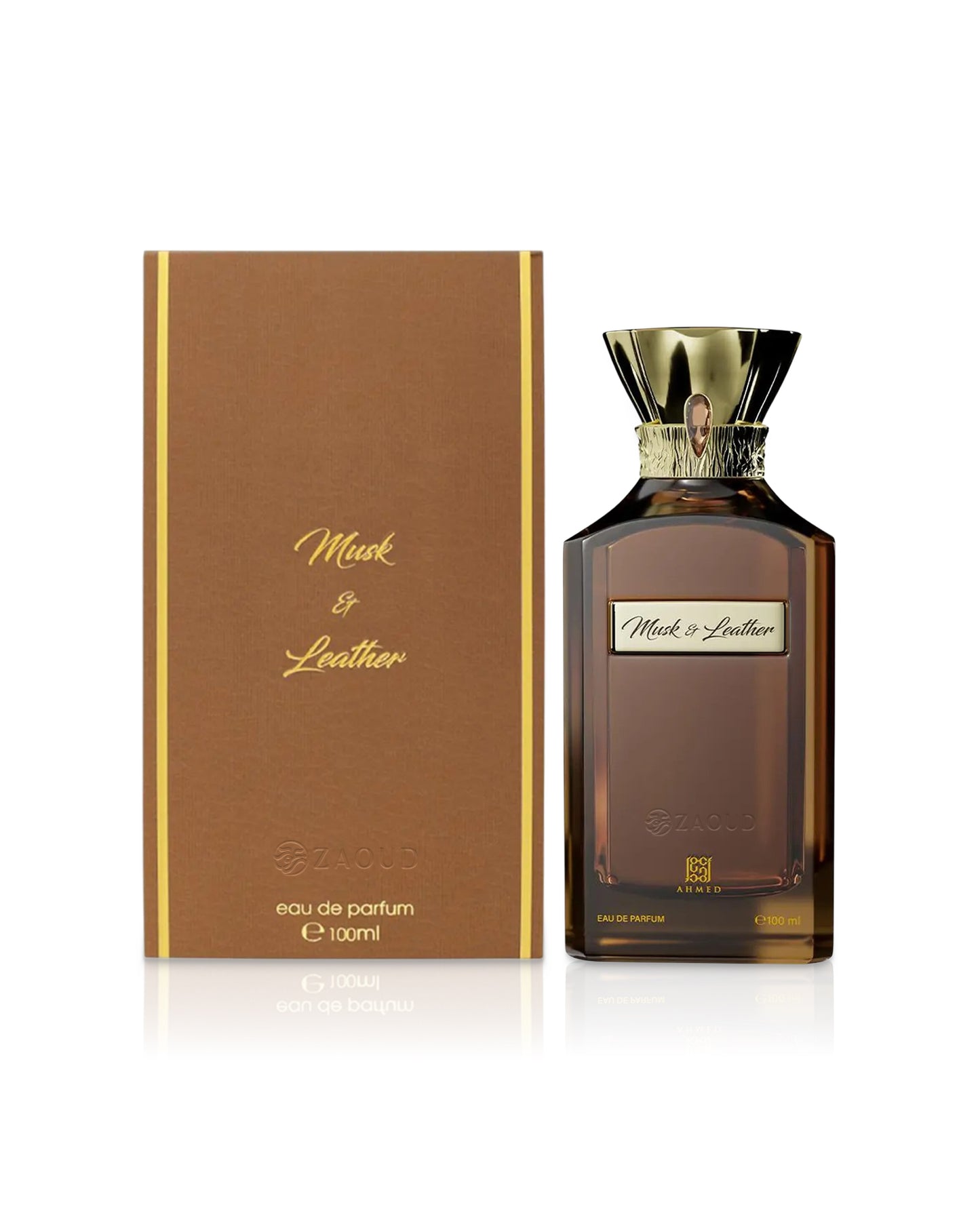 ahmed al maghribi musk and leather Brown perfume bottle and packaging with 'Musk & Leather' text on a white background