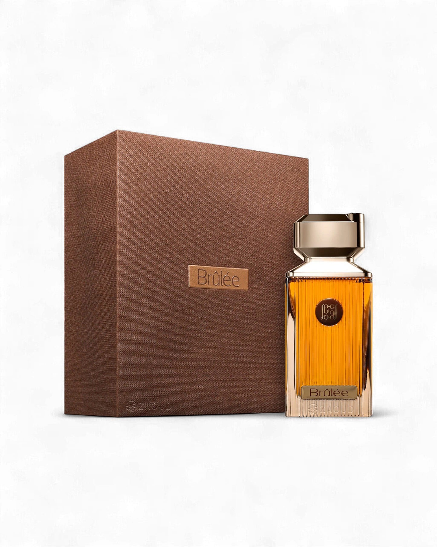 ahmed al maghribi brulee Brown perfume bottle and packaging with 'brulee' branding on a white background