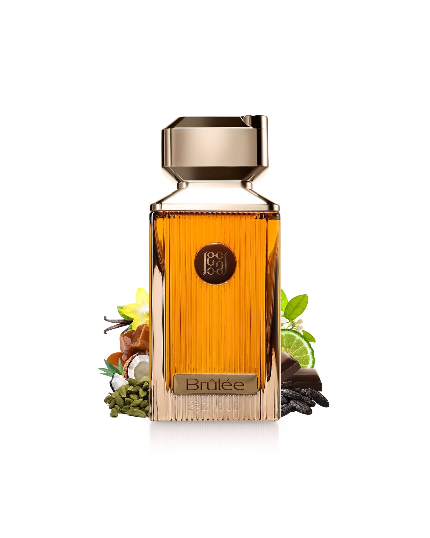 ahmed al maghribi brulee Brown perfume bottle with 'Brèlé' branding surrounded by coconut and chocolate on a white background