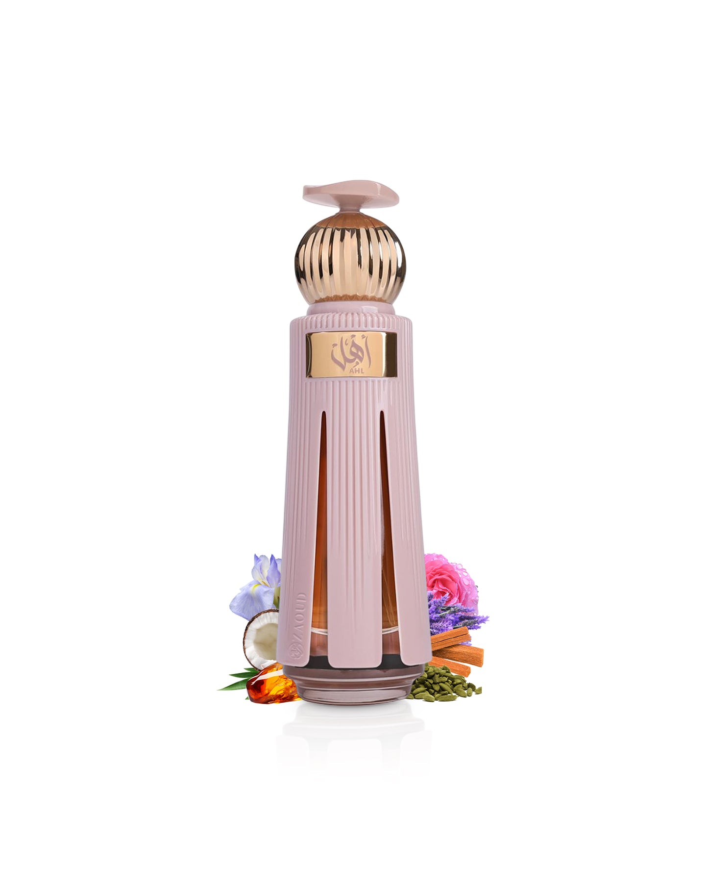 ahmed al maghribi ahl perfume bottle surrounded with fragrance notes like coconut and amber shows against white background