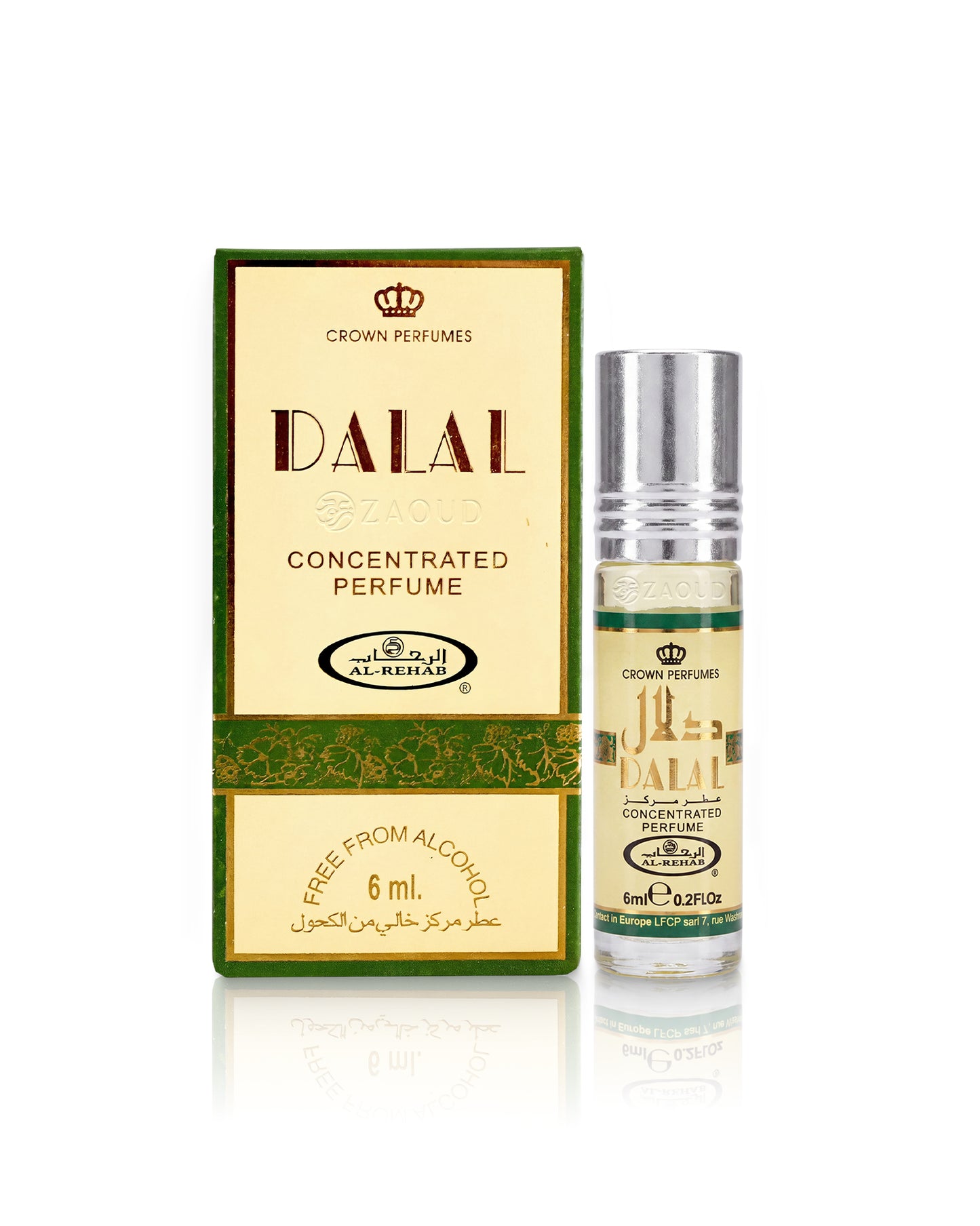 al rehab dalal perfume bottle shows beside its packaging against white background