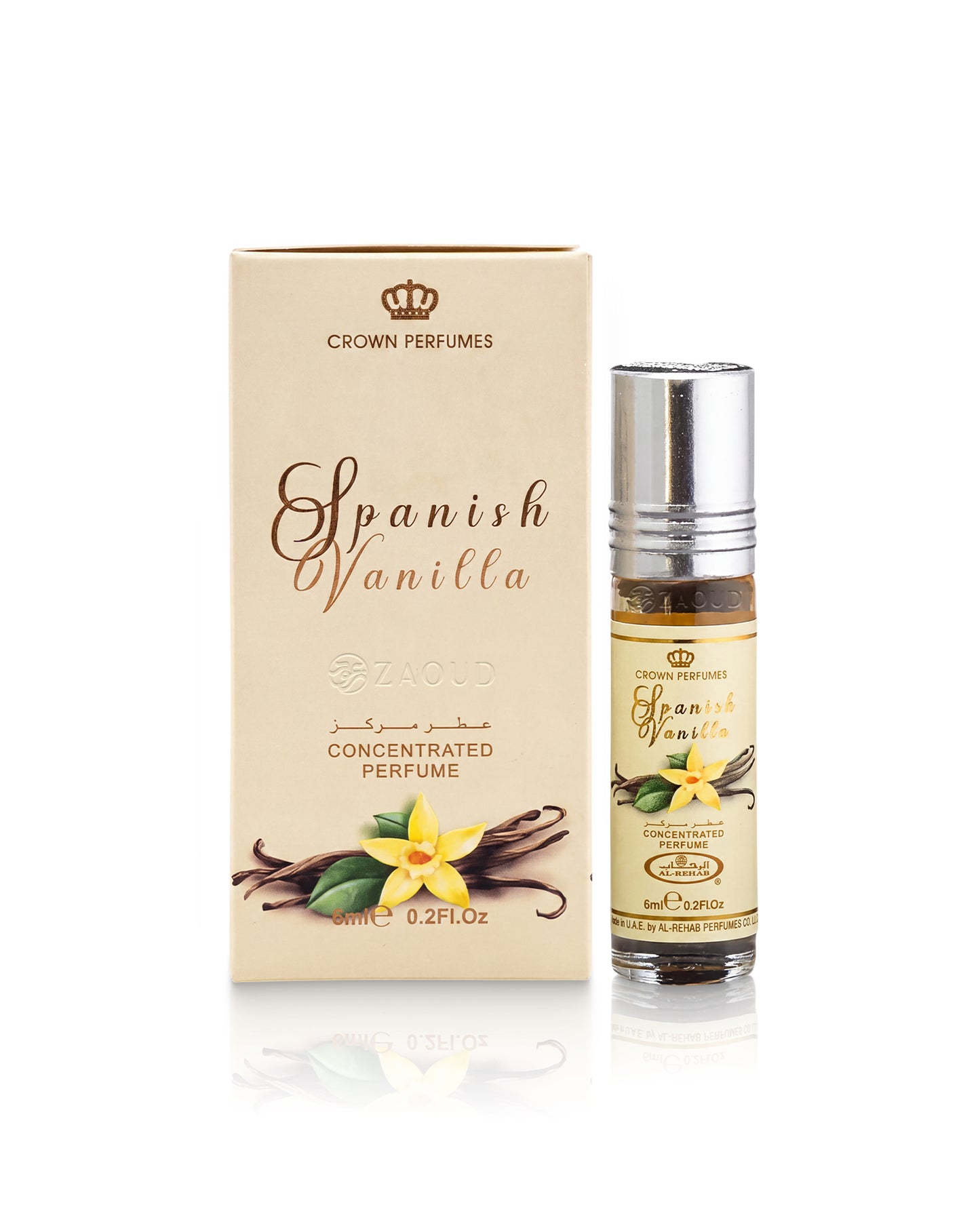 al rehab spanish vanilla perfume oil bottle shows besid eits packaging against white background