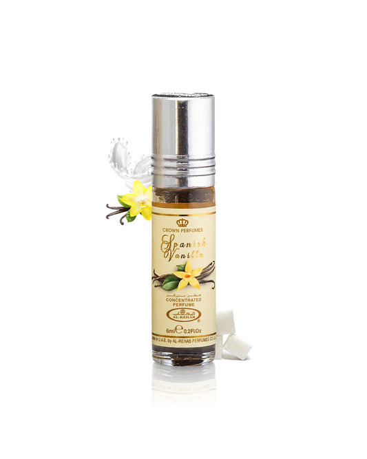al rehab spanish vanilla perfume oil bottle surrounded with fragrance notes like sugar and vanilla shows against white background