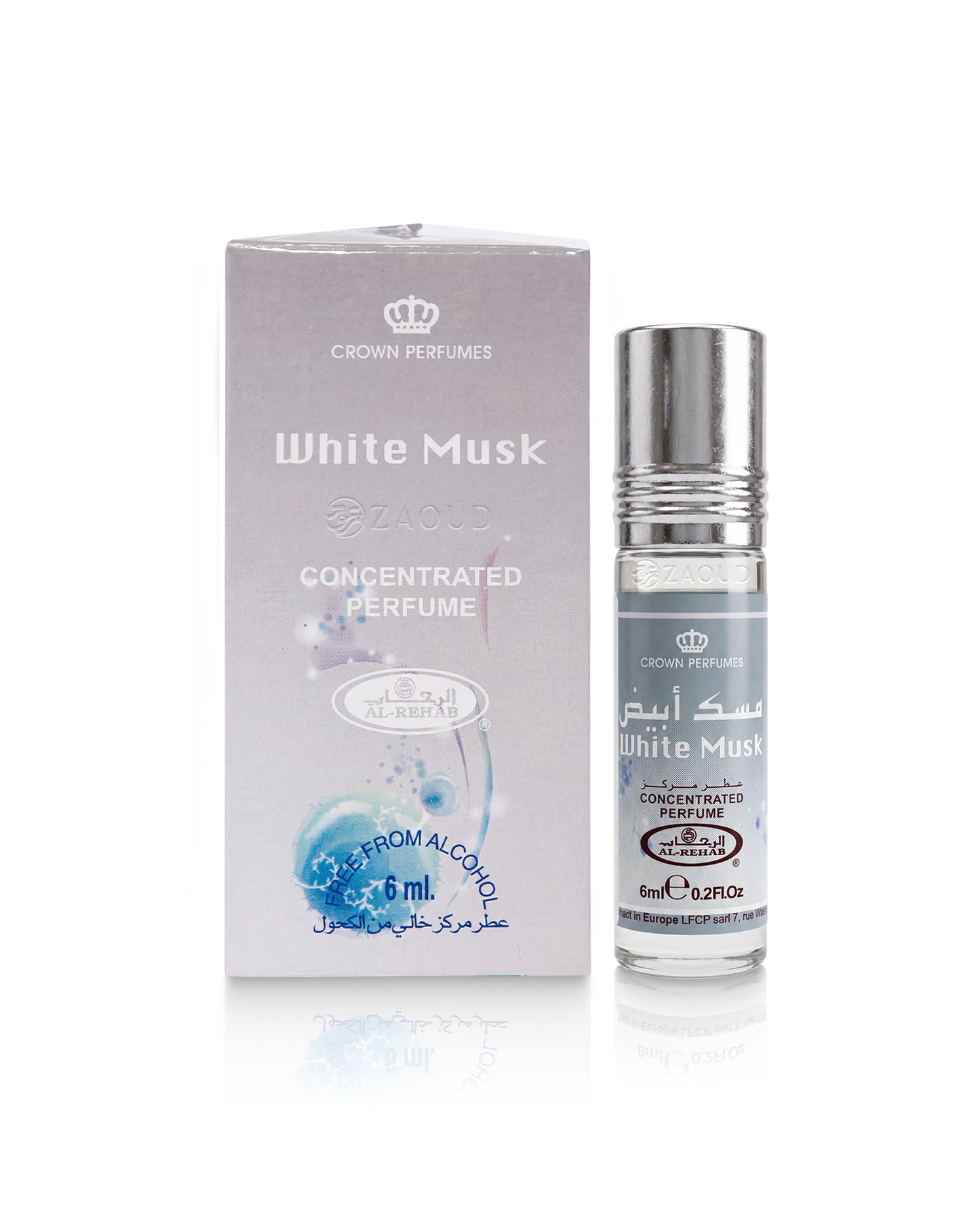 White Musk Concentrated Perfume by Crown Perfumes, shown with its silver and white box next to a clear glass spray bottle with a silver cap on a white background.