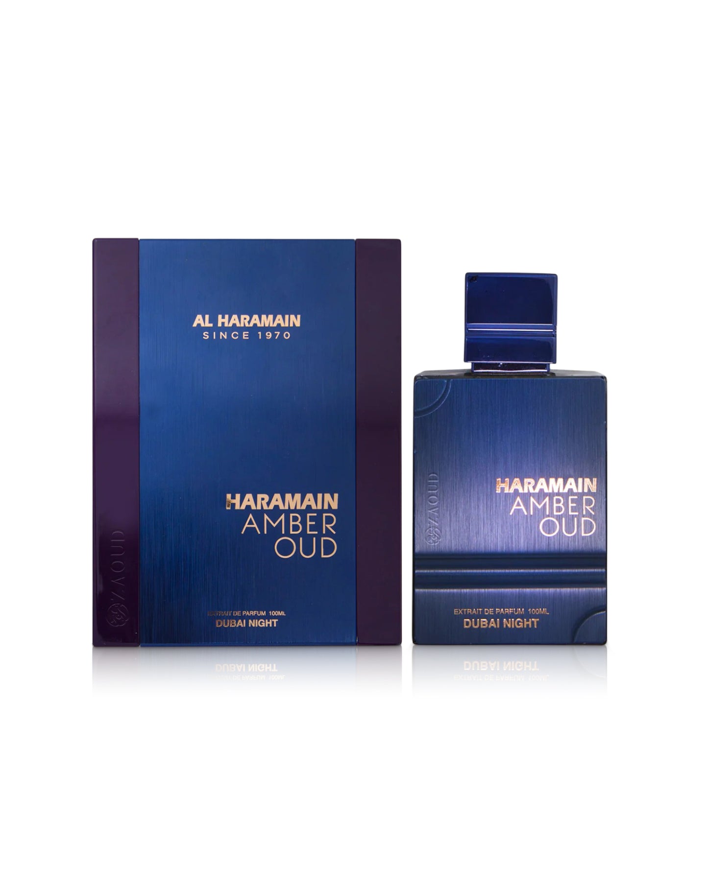 haramain amber oud dbai night perfume bottle shows beside its box against white background