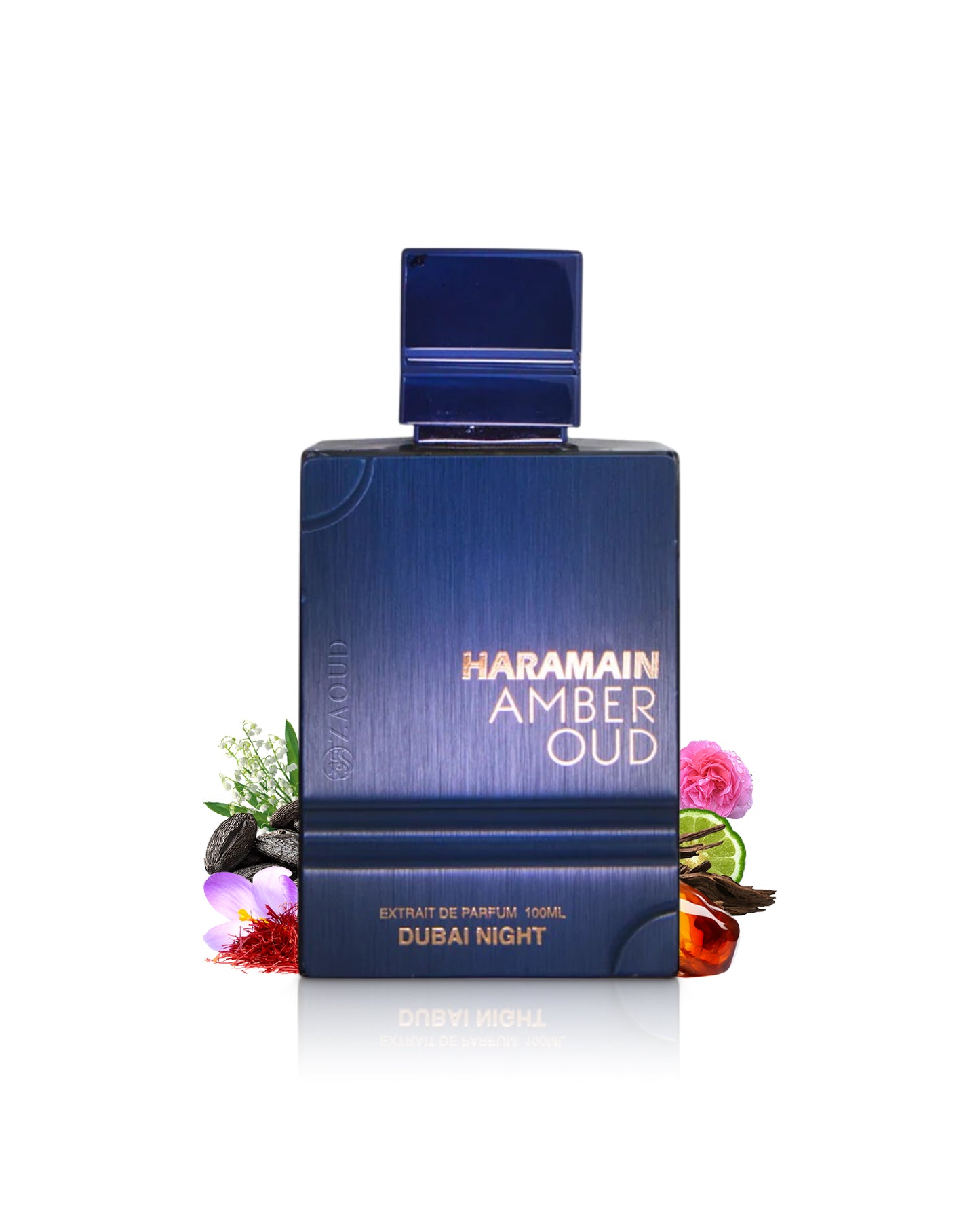 haramain amber oud dbai night perfume bottle surrounded with fragrance notes like saffron and amber shows against white background