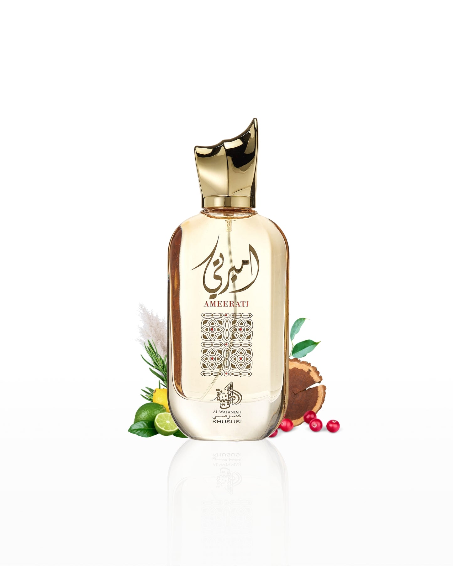 Al wataniah ameerati Perfume bottle with gold cap and decorative elements on a white background