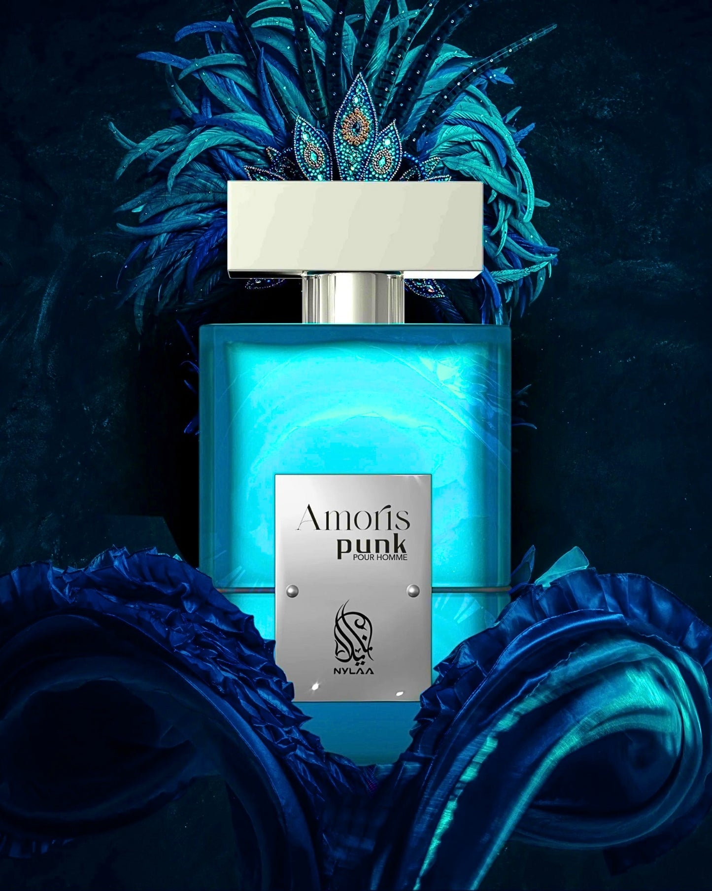 Amoris punk edp perfume bottle photograph betwen blue ornaments