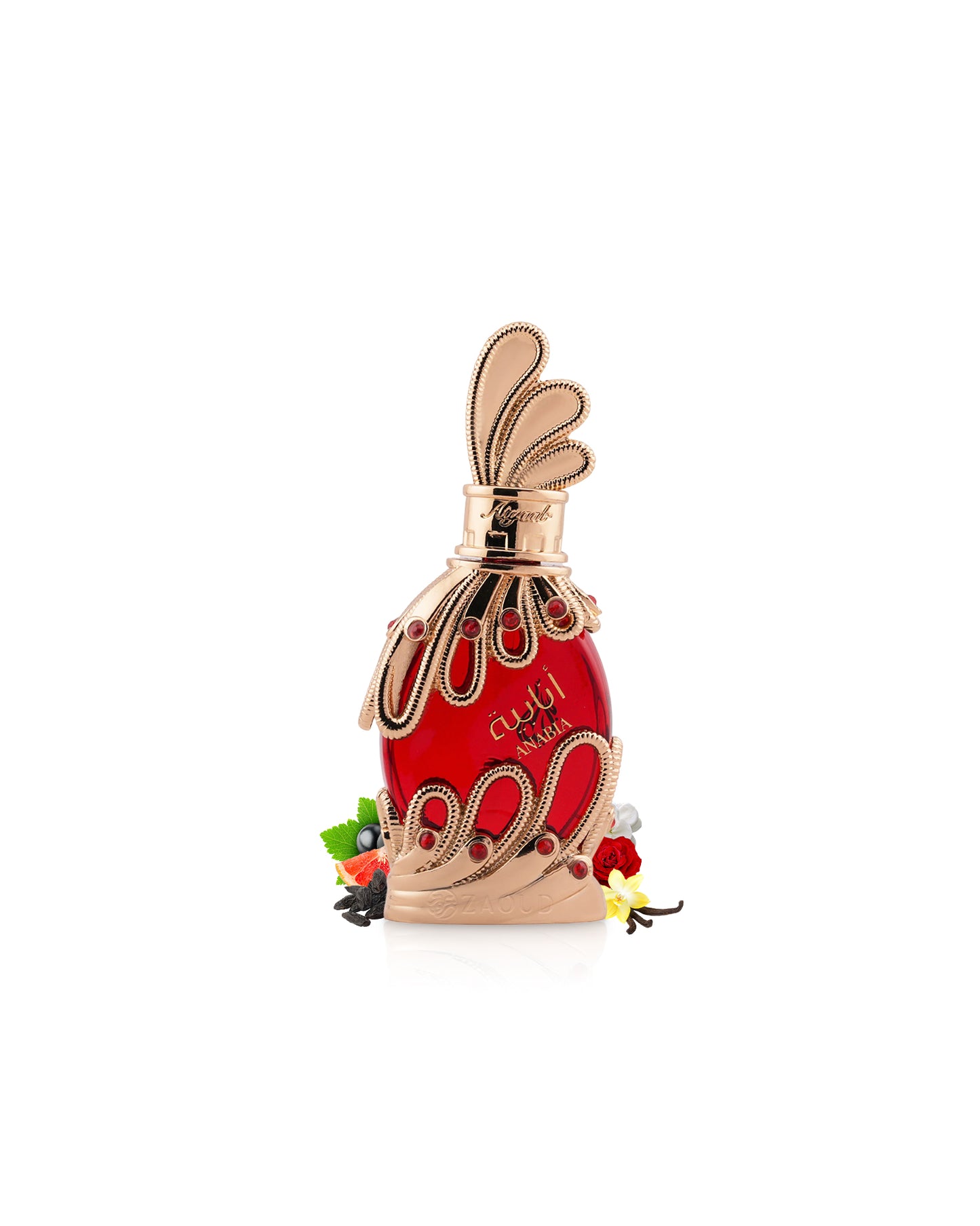 KHADLAJ anabia Red perfume oil bottle with decorative elements like vanilla and tonka on a white background
