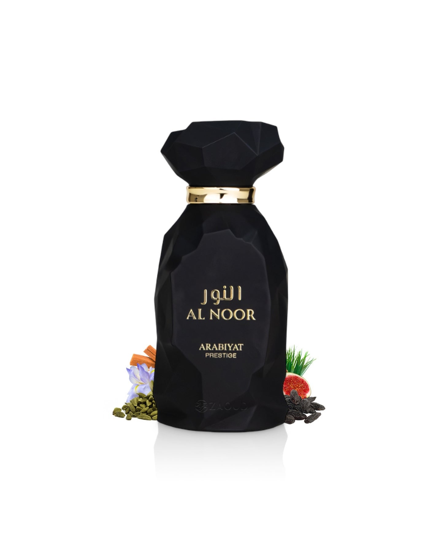 arabiyat prestige al noor perfume bottle surrounded by fragrance notes like cardamom and tonka shows against white background
