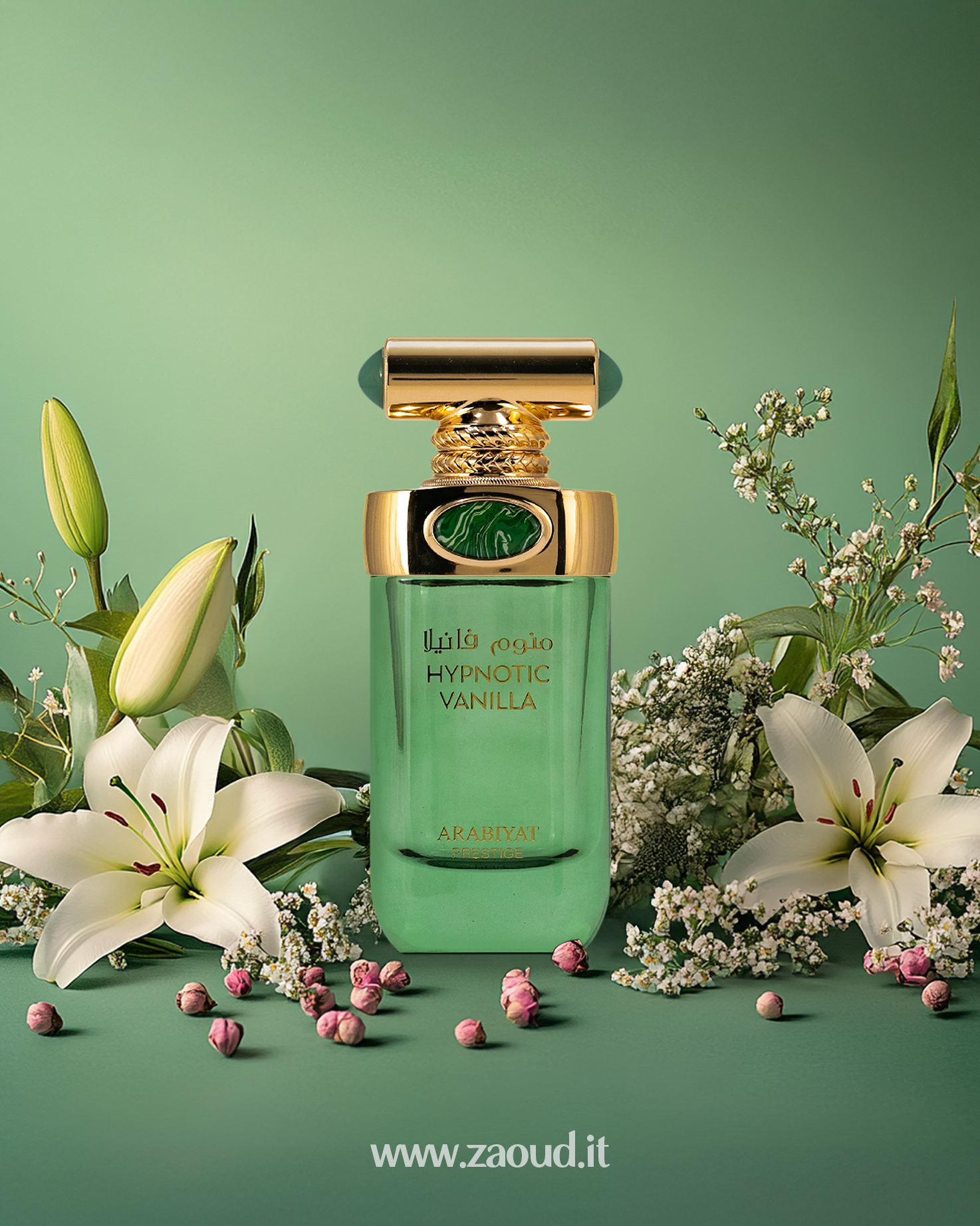 arabiyat prestige hypnotic vanilla perfume bottle photograph besides tuberoses against green background