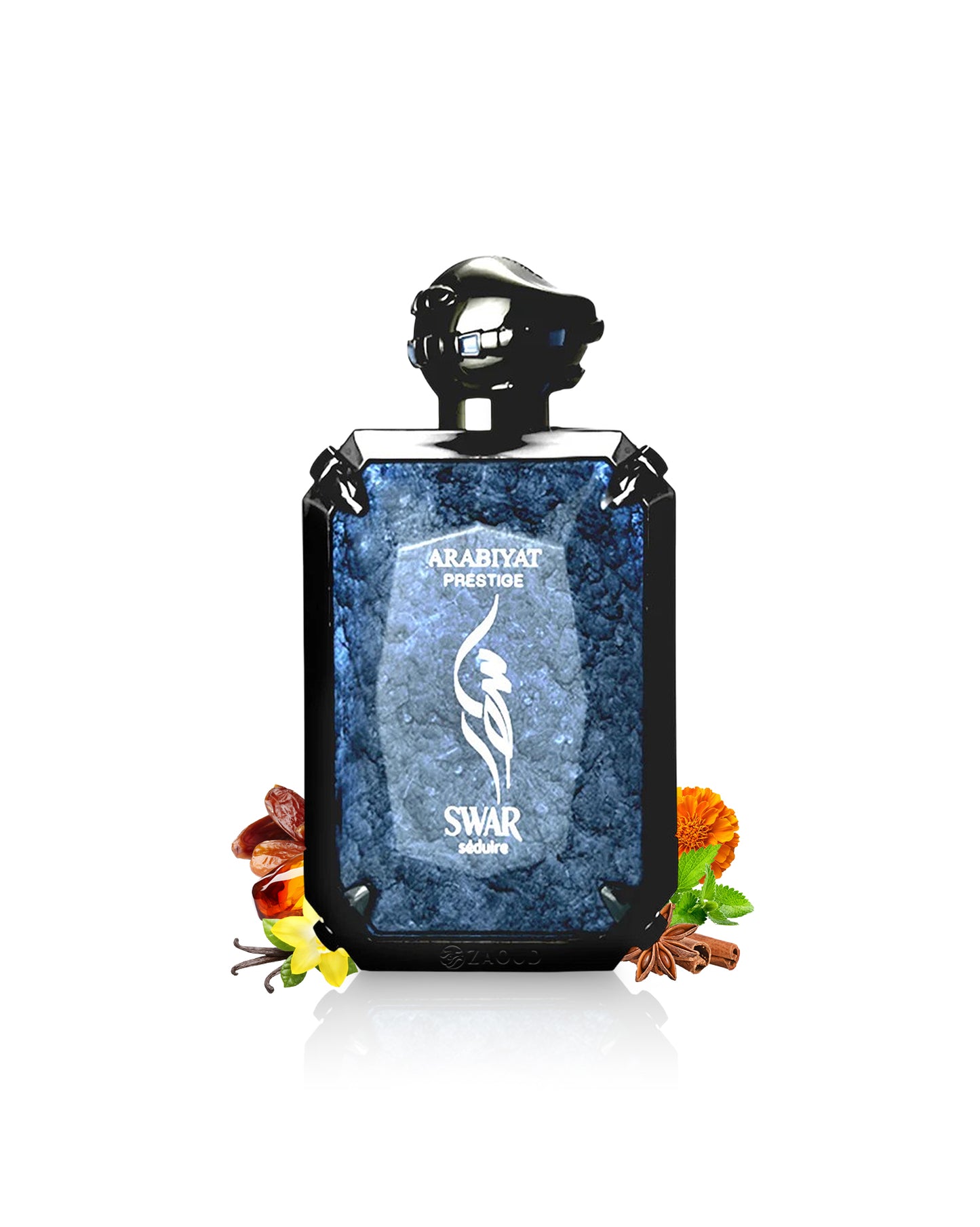 arabiyat prestige swar seduire Perfume bottle with decorative elements like dates and vanilla on a white background