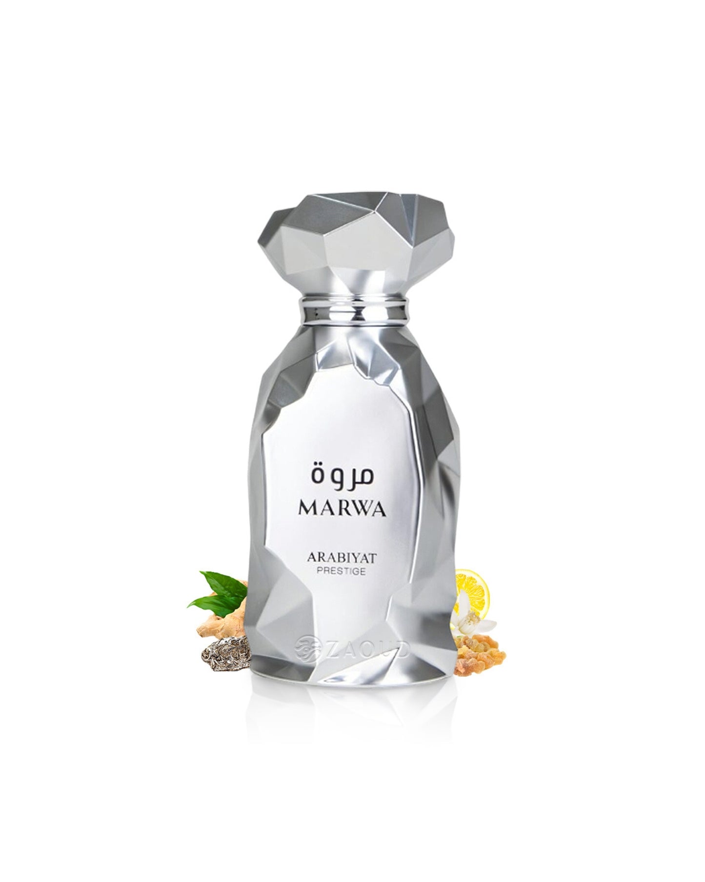arabiyat prestige marwa perfume bottle surrounded by fragrance notes like ambergris and ginger shows against white background