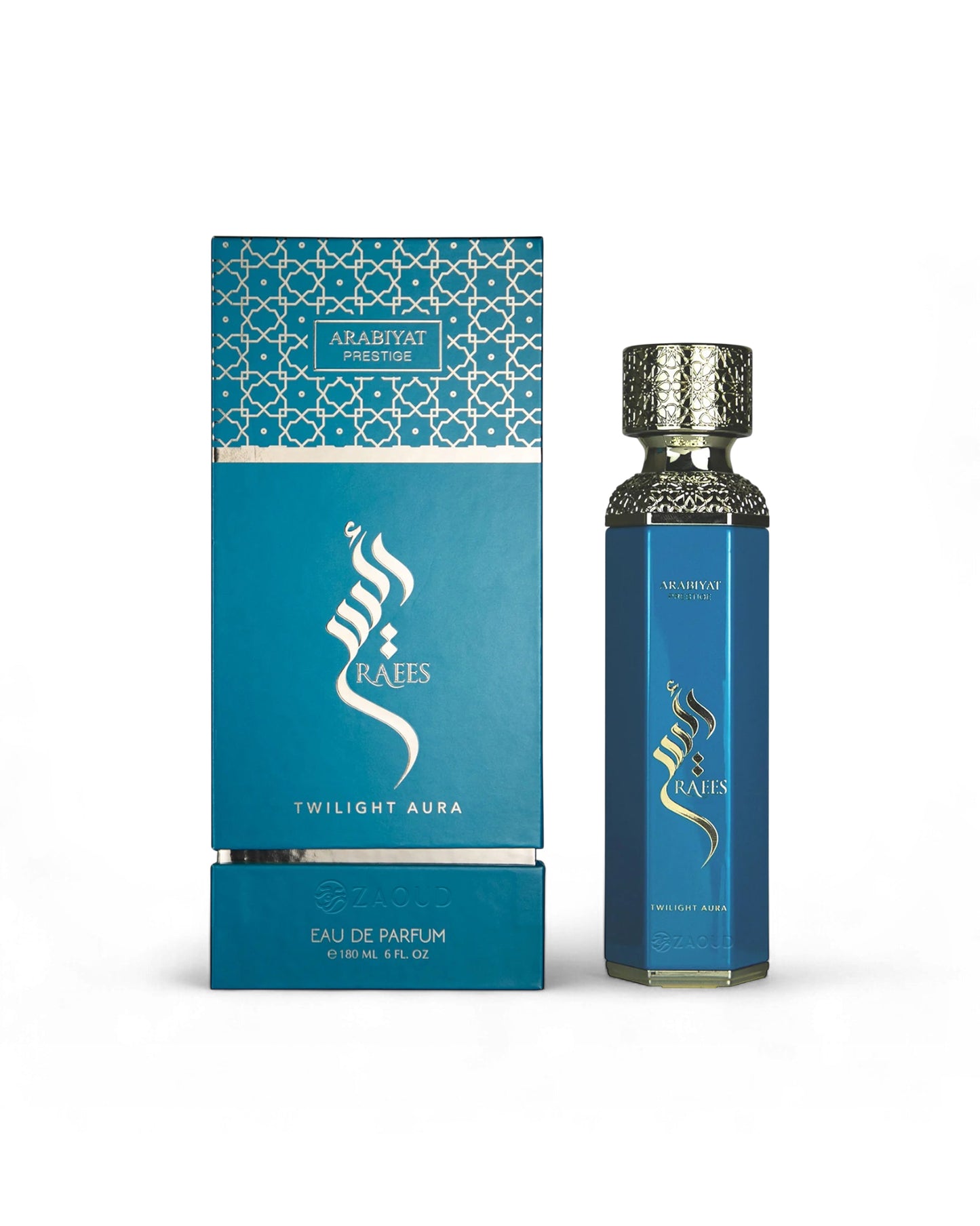 Arabiyat prestige raees blue perfume bottle shows beside its box against white background