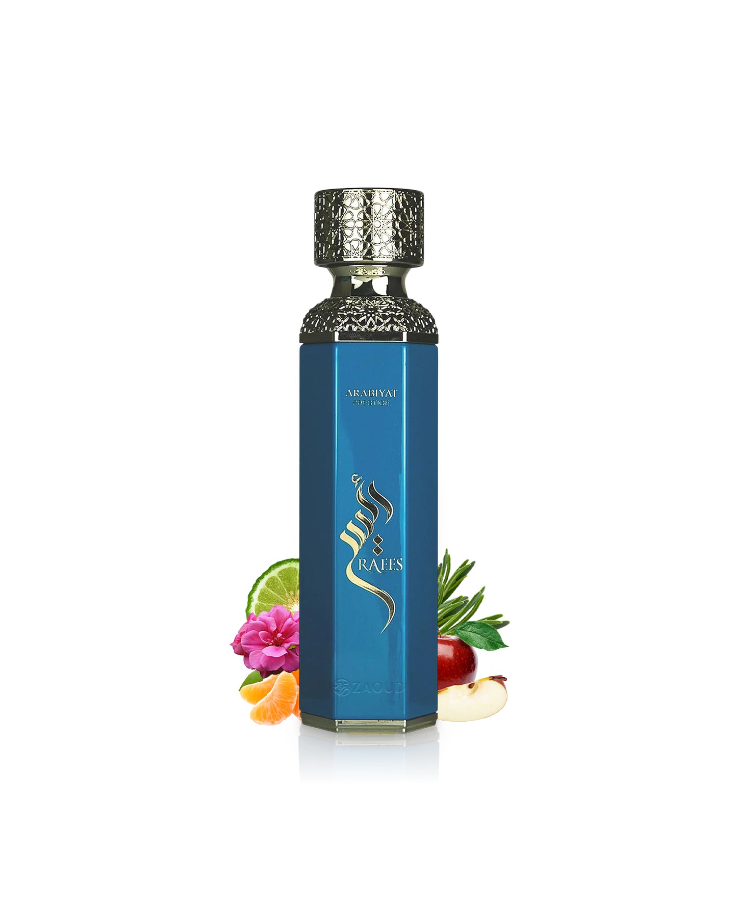 Arabiyat prestige raees blue perfume bottle surrounded by fragrance notes like apple and citrus shows against white background