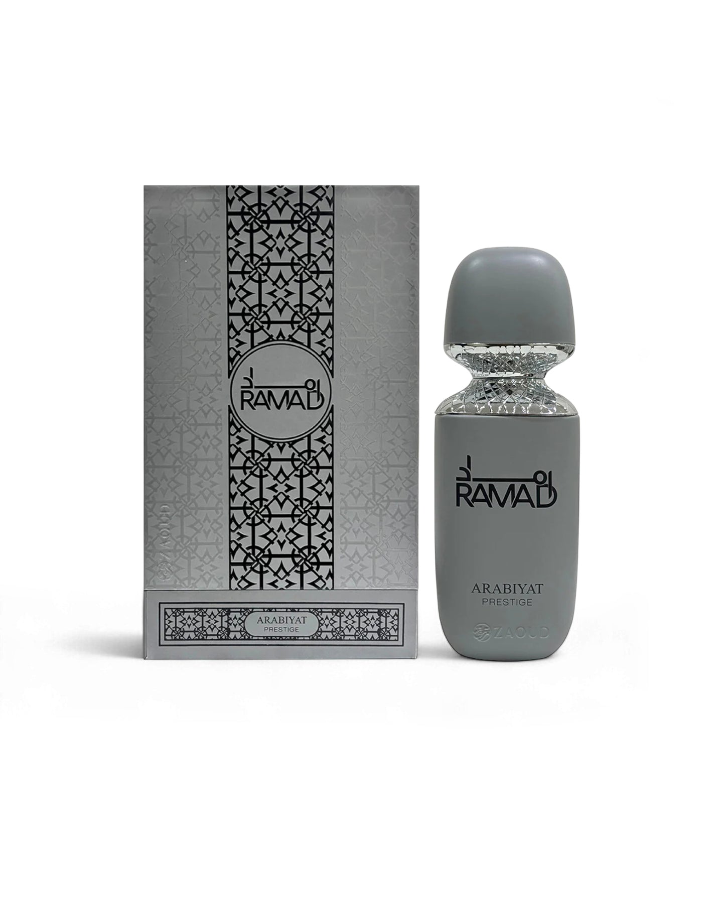 arabiyat prestige ramad perfume gray bottle shows beside packaging against white background