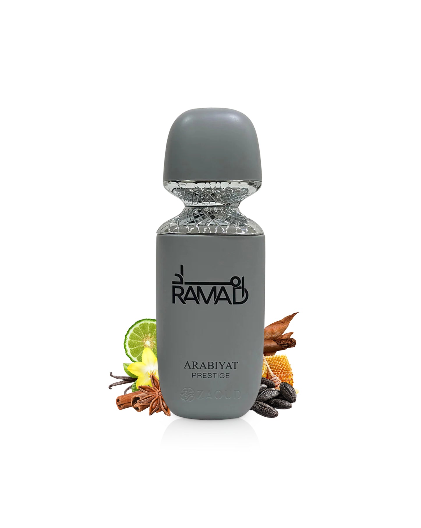 arabiyat prestige ramad perfume gray bottle surrounded by fragrance notes like honey and spices shows against white background
