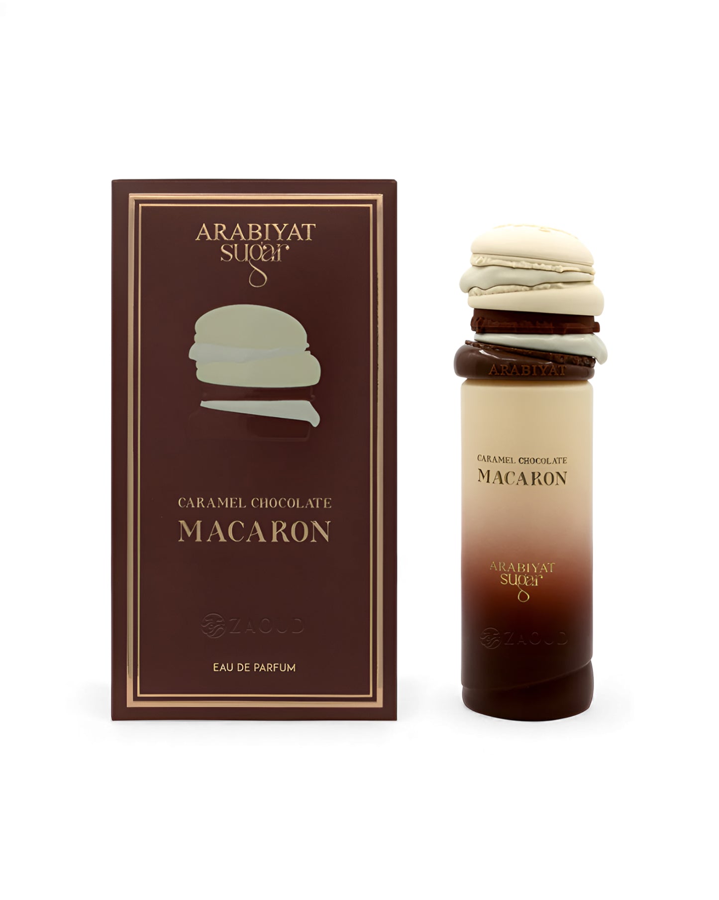 Macaron-shaped container with arabiyat sugar Caramel Chocolate Macaron perfume bottle shows beside packaging on a white background