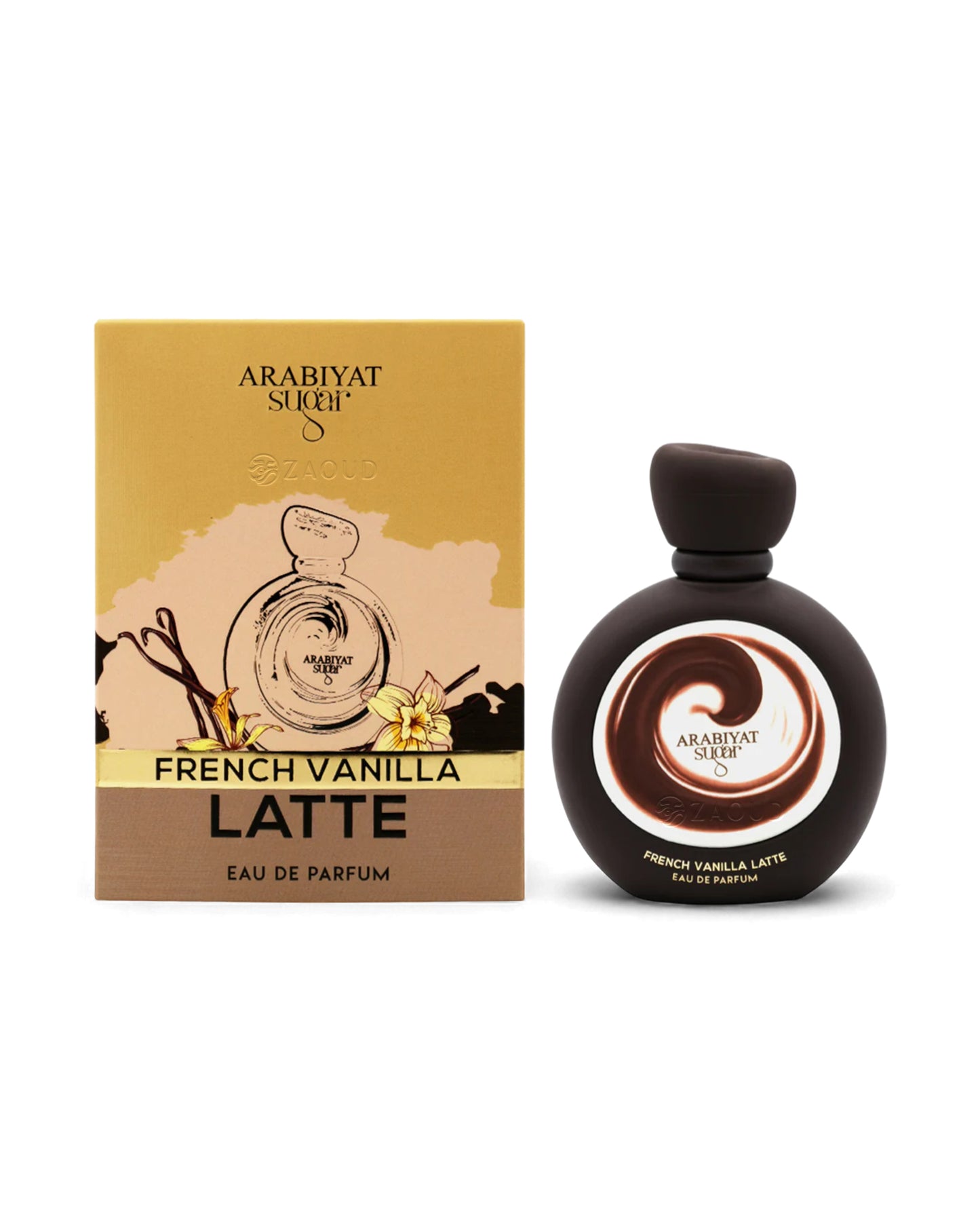 arabiyat sugar french vanilla latte perfume bottle shows beside its packaging against white background