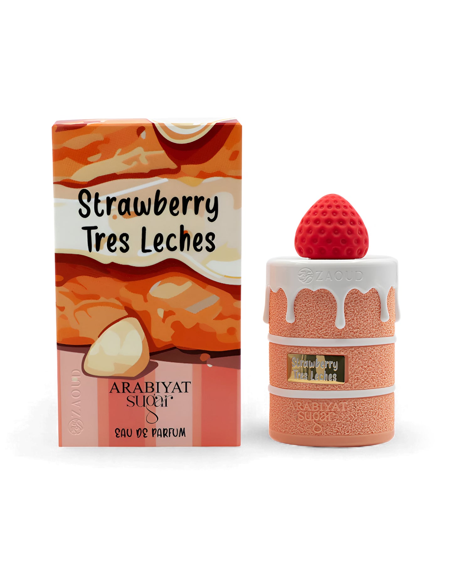 arabiyat sugar strawberry tres leches perfume bottle shows beside packaging against white background