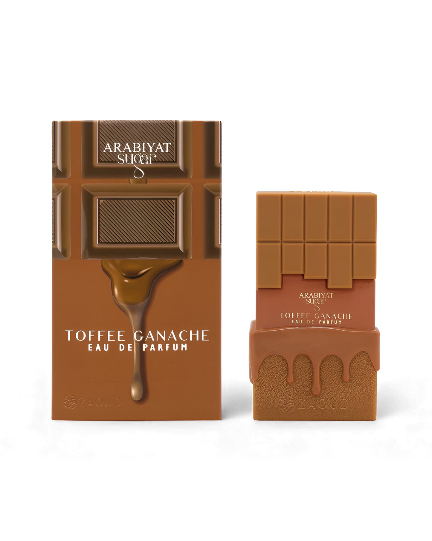 arabiyat sugar toffee ganache perfume bottle shows beside its packaging against white background