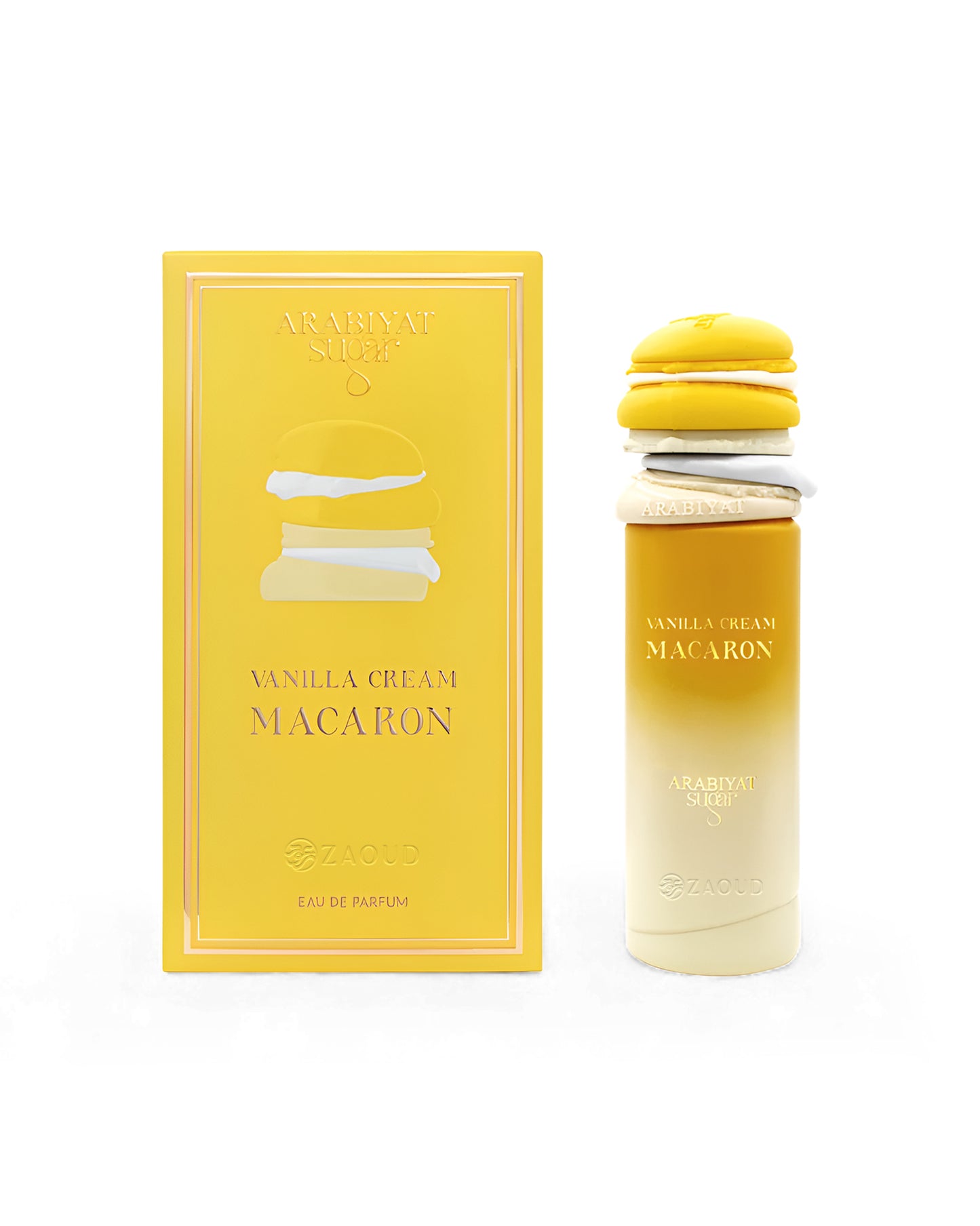 arabiyat sugar vanilla cream macaron perfume bottle shows beside its packaging against white background